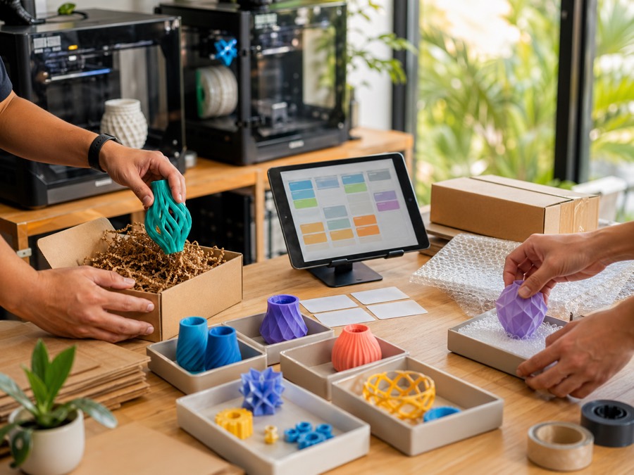 Finished 3D printed products being prepared for customer orders