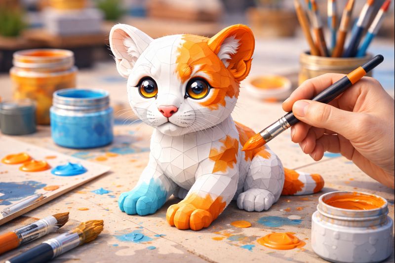 A 3D printed cat being painted
